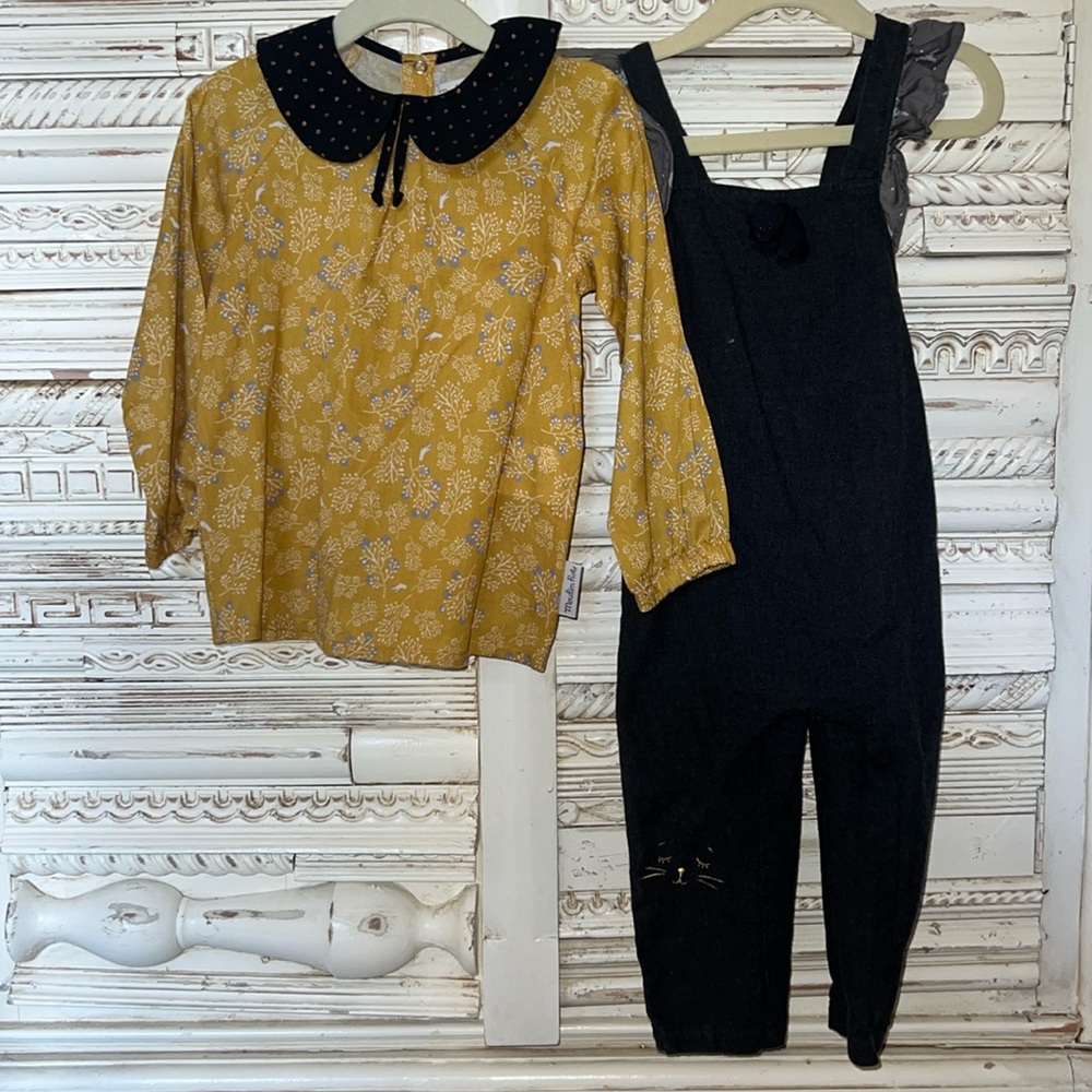 Moulin Roty || Beautiful Yellow Floral Blouse and Kitty Cat Grey Jumper set